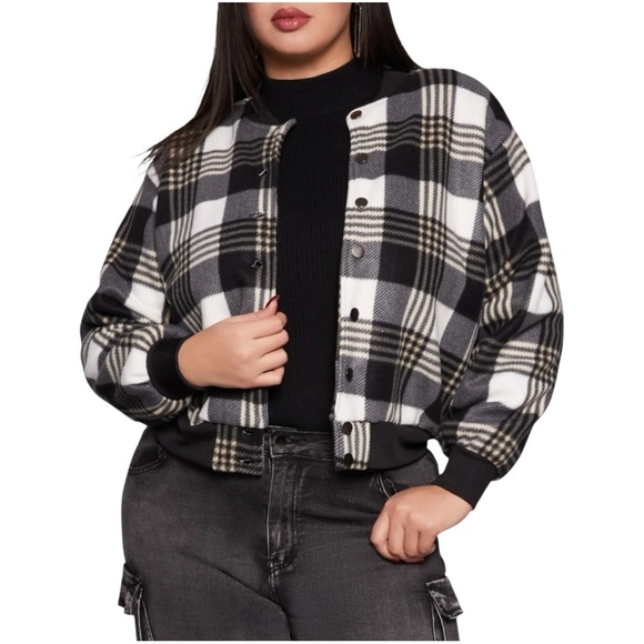 Plaid Black and White Women's Jacket, Plus Size 1X - Picture 1 of 9